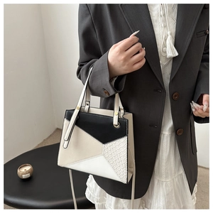 Detail of mini geometric bag with textured woven pattern and black-white-beige color block