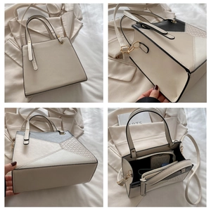 Detailansichten der Mini-Geometrie-Handtasche mit Patchwork-Design und Steppmuster