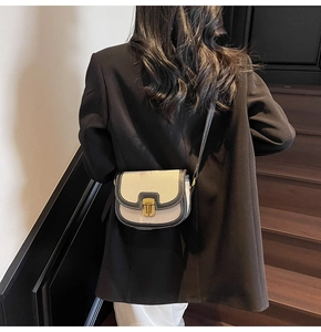 Detail of canvas and black leather saddle bag with vintage gold metal buckle hardware