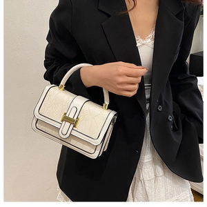 Close-up of premium lace-textured cream handbag featuring a golden H-shaped metal buckle