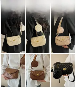 Detail view of V-quilted crossbody bags and round pouches in white, beige, brown, and black