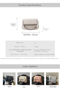 Detailed dimensions and multi-color options for the chain link crossbody square bag