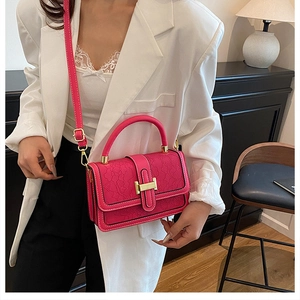 Close-up of rose red embossed leather handbag with golden H buckle and chain strap