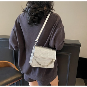 Detail of silver crocodile pattern bag with chain and pearl decor on female model