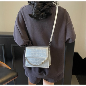 Detail view of silver crocodile pattern bag with pearl chain handle and leather strap