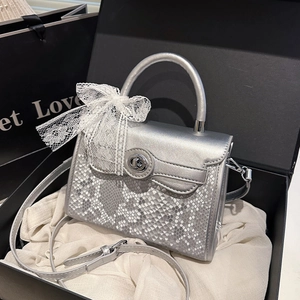 Women Crossbody Bag PU Leather Snake Pattern Top Handle Lace Bow Decoration Metal Turn Lock Square Handbag Elegant Style