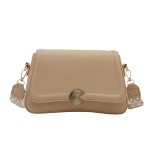 Franse stijl kaki lederen crossbodytas met gouden krulsluiting en jacquard riem