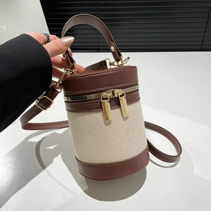 Cylinder Bucket Bag Canvas PU Leather Patchwork Dual Zipper Top Handle Adjustable Crossbody Shoulder Bag For Women