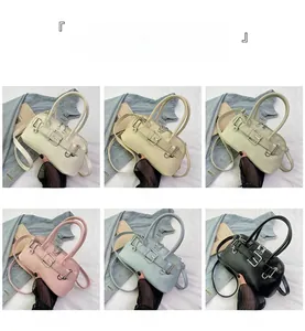 Detailed grid view of minimalist shell bags in beige, yellow, green, pink, blue, and black
