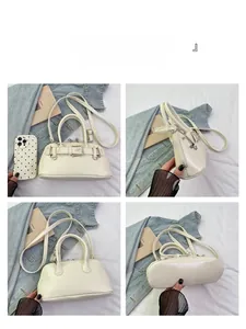 Detailed views of beige shell bag featuring belt buckle accents and adjustable strap