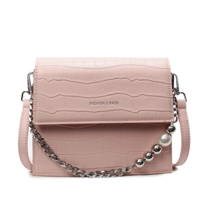 Pink croc-embossed small square handbag with silver chain and pearl ornament details