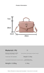 Detailed size chart for pink PU shoulder bag showing dimensions 24x19x11cm and strap length