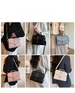 Collage of chic leather crossbody bags in pink, black, grey and white on model