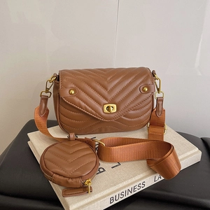 Women Chevron Quilted Crossbody Bag PU Leather French Style Square Shoulder Bag With Round Coin Purse Wide Strap