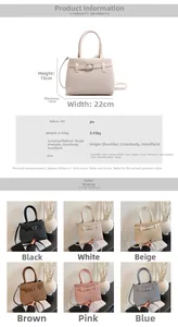 Size chart showing PU leather handbag dimensions with 6 color options and detailed weight