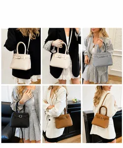 Detail grid of textured crossbody tote bag in five colors with metal buckle accent