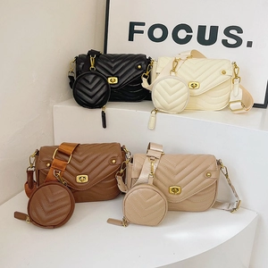 Quilted crossbody bags set in four colors with wide straps and round coin purses