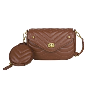 Brown quilted crossbody bag with small round coin purse and bronze twist lock closure
