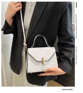 Détail du petit sac blanc à motif crocodile avec fermoir doré et poignée supérieure