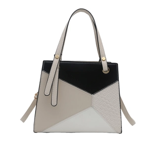 Fashionable color-block tote bag with crocodile texture and gold hardware details