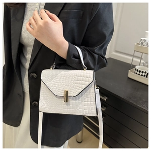 Détail d'un sac à main blanc motif lézard avec fermoir doré et poignée supérieure rigide