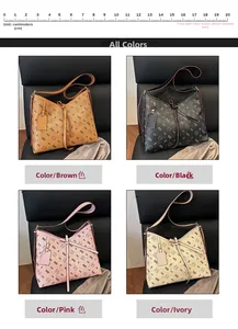 Detailed view showing four colors of tote bags with monogram prints and 20cm scale marker