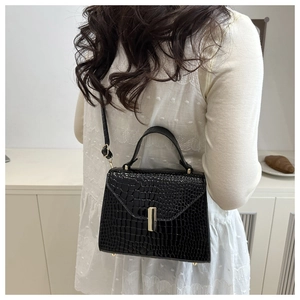 Style de rue pour ce petit sac carré noir à motif crocodile et boucle dorée