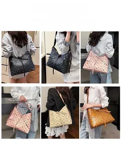Detail shots of large tote bags with bear patterns in black, pink, beige, and brown colors