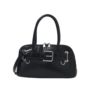 Minimalist black shell handbag with silver buckle belt detail and adjustable strap