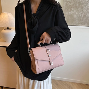 Pink lychee texture leather shoulder bag for women with silver buckle and top handle