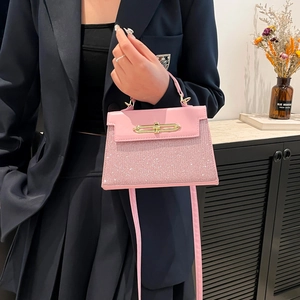 Pink sequin patchwork handbag with gold clasp and top handle for elegant summer style