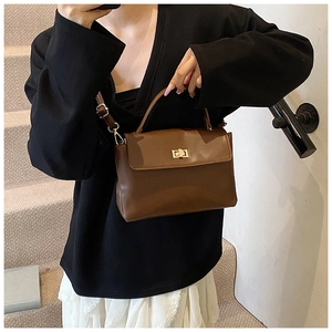 Brown vintage faux leather crossbody bag with gold twist lock worn by a model