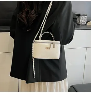 Close-up of cream snake-embossed box bag with gold chain strap and metal clasp