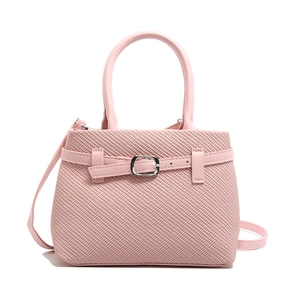 Pink woven texture tote bag with metallic buckle and detachable shoulder strap