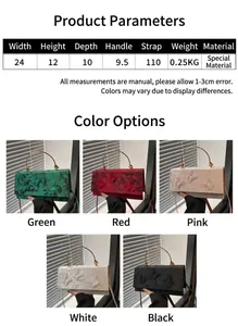 Size chart for lace handbag with butterfly embroidery detailing various dimensions