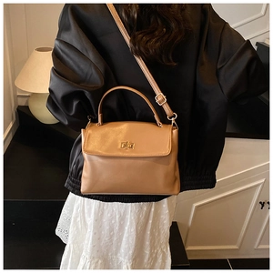 Brown soft leather crossbody bag with golden twist lock shown in a stylish indoor setting