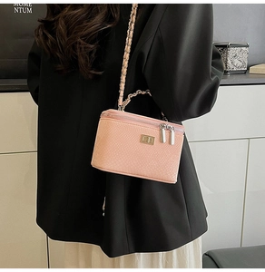 Detailed view of light pink snakeskin texture crossbody box bag with chain strap