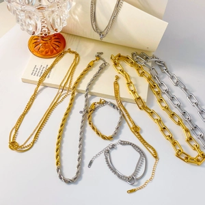 Punk Chunky Chain Necklace Bracelet Titanium Steel Gold Silver Tone Hollow Rope Link Layered Jewelry For Women