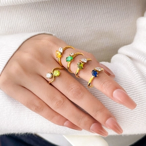 Set of five 18K gold plated rings featuring vibrant multi-color pear-cut zircons