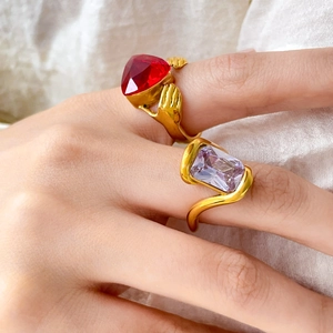 Snake head spiral 18K gold plated ring with red heart stone and green zircon accents