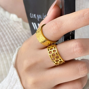 Golden honeycomb hollow and lava hammer textured wide band rings for stacked wear