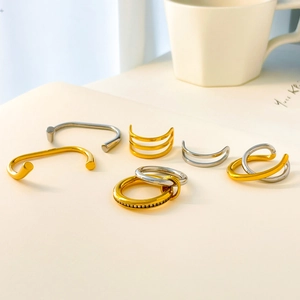 Titanium Steel Two-Tone Interlocking Double Finger Ring And Zircon Minimalist Geometric Retro Jewelry For Women