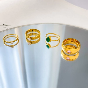 Elegant Titanium Steel Rings Colorful Zircon Water Drop Star Shape Gear Texture Fashion Jewelry Women Accessory
