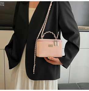 Pink snake skin texture vanity bag with metal chain strap shown on a model