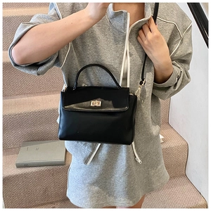 Detail of a black leather square crossbody bag with gold metallic twist lock and handle