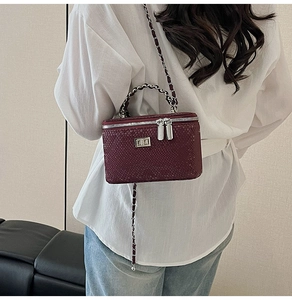 Detail of burgundy snakeskin crossbody box bag with silver hardware and chain strap