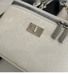 Detail of white snakeskin texture bag featuring silver hardware and chain strap