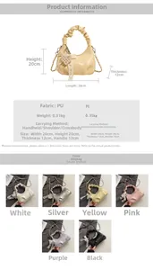 Size guide for pleated crescent bag showing dimensions 20x20x12cm and material specs