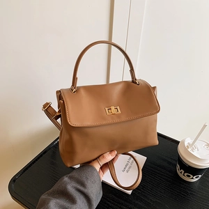Women Retro PU Leather Crossbody Bag Gold Metal Lock Square Handbag With Top Handle Adjustable Strap Commuting Bag