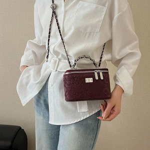 Burgundy snakeskin pattern chain crossbody box bag shown on model with white shirt